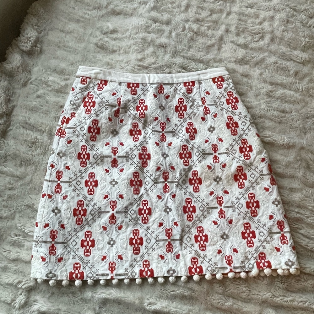 Anthropologie Cream pencil skirt with Dark Orange and Taupe/Olive Embroidery
